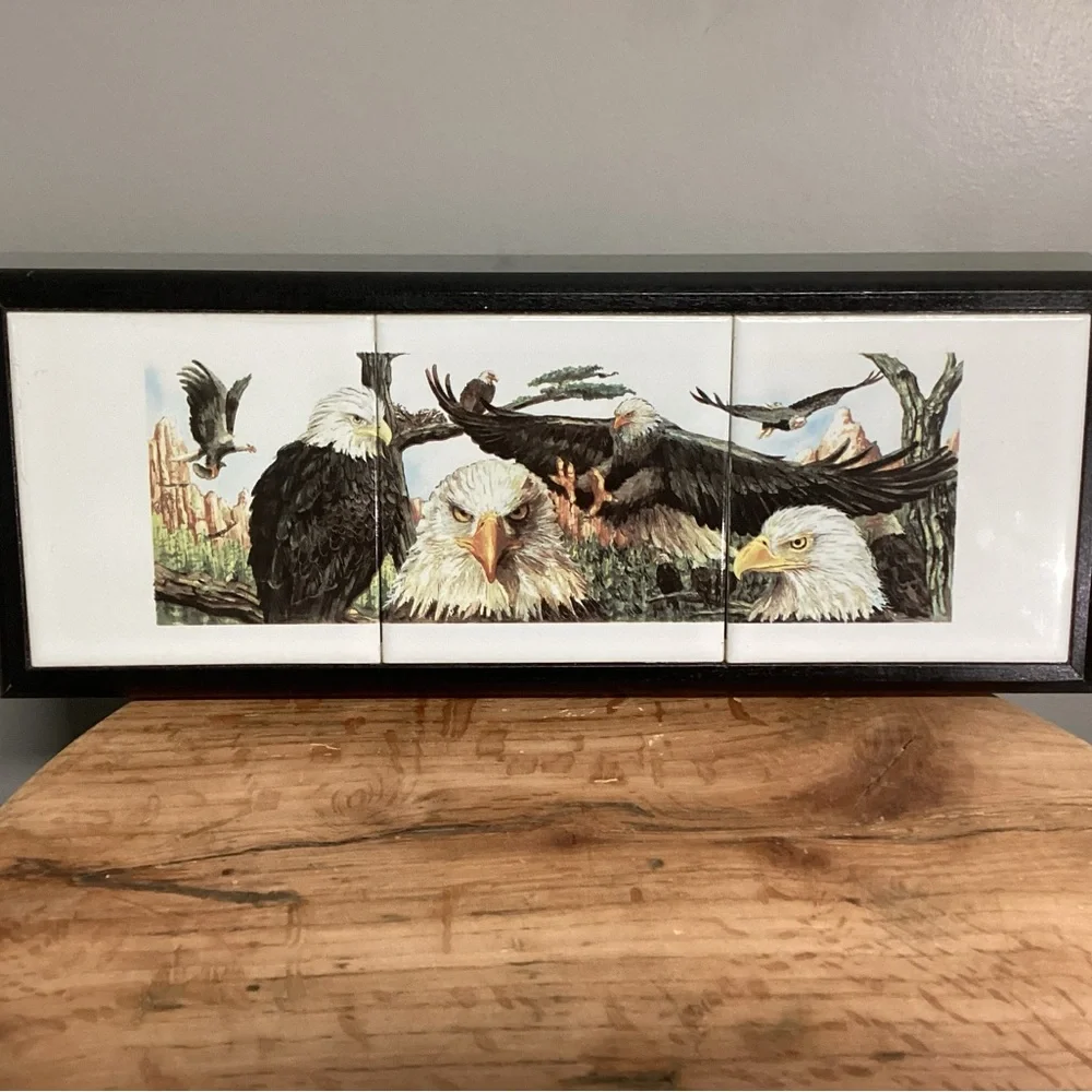 🔵 Vintage - Ceramic Tile & Wood Crafted Eagle Themed Trivet / Decor - Like New - Picture 4 of 11